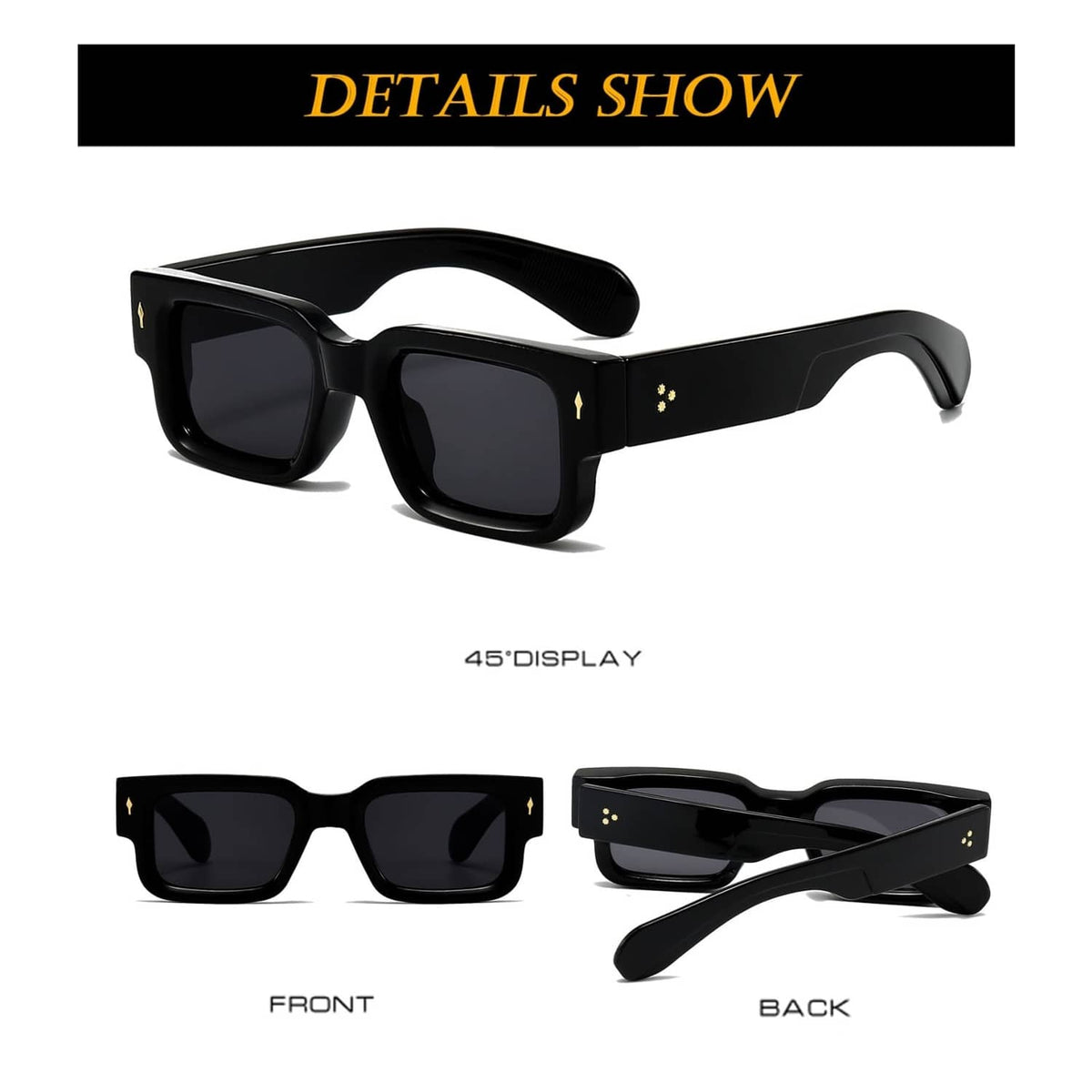 Black thick square sunglasses, front and back/side views showing dark lenses