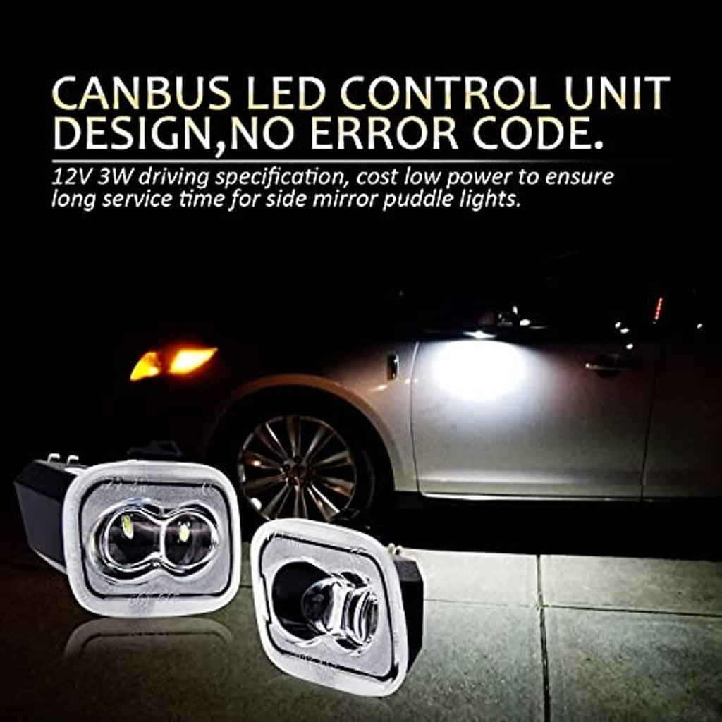 LED side mirror puddle lights shown with warm and white glow and chrome lenses
