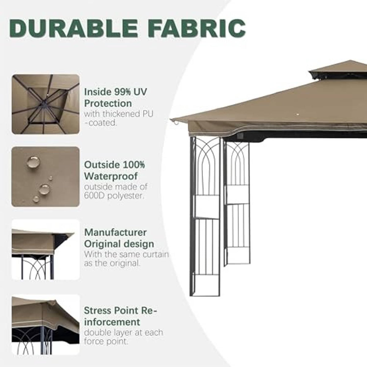 Khaki replacement gazebo canopy top with reinforced corner stitching and support frame