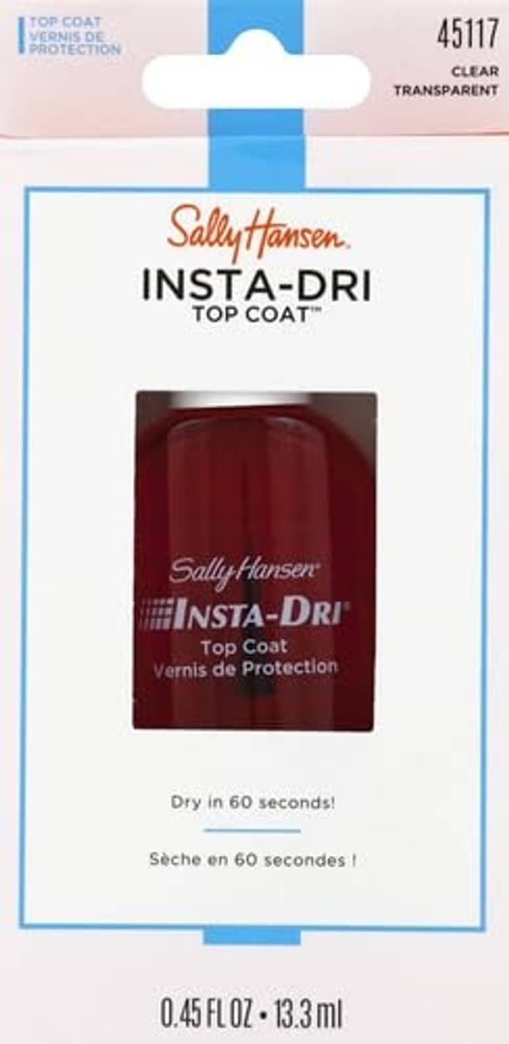 Clear top coat nail polish in retail package, Sally Hansen Insta-Dri