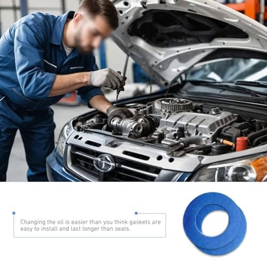 Mechanic installing an oil drain plug area with a blue gasket washer