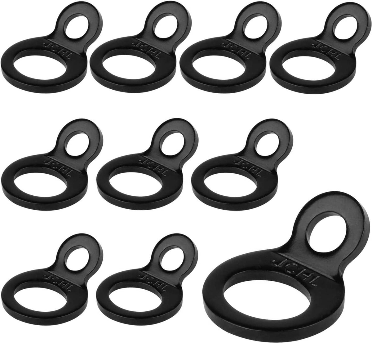 Set of black tie-down strap ring anchors, rows of oval loops with holes