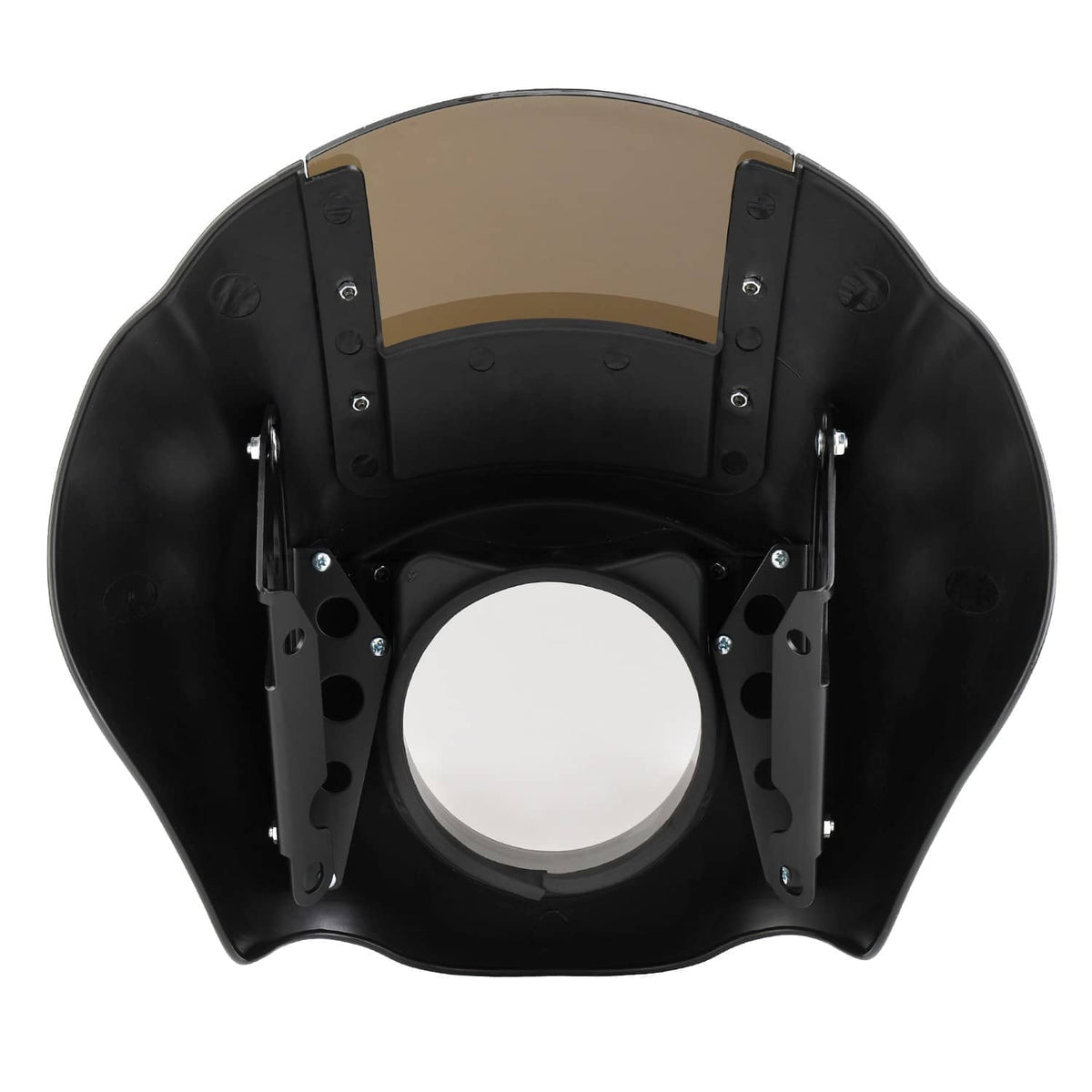 Black motorcycle quarter fairing windshield kit with mounting brackets and fork clamps