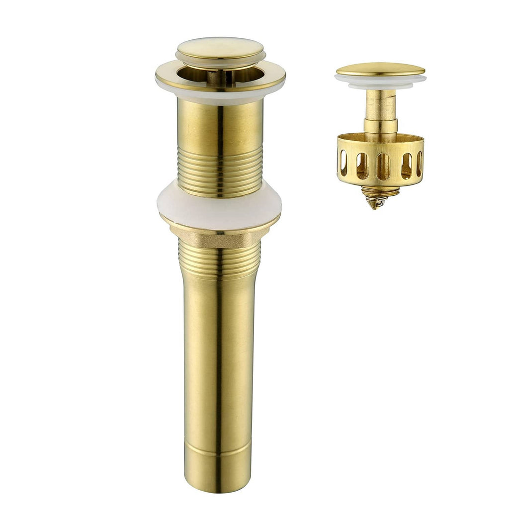 Brushed gold pop-up vessel sink drain stopper with round top cap and threaded body