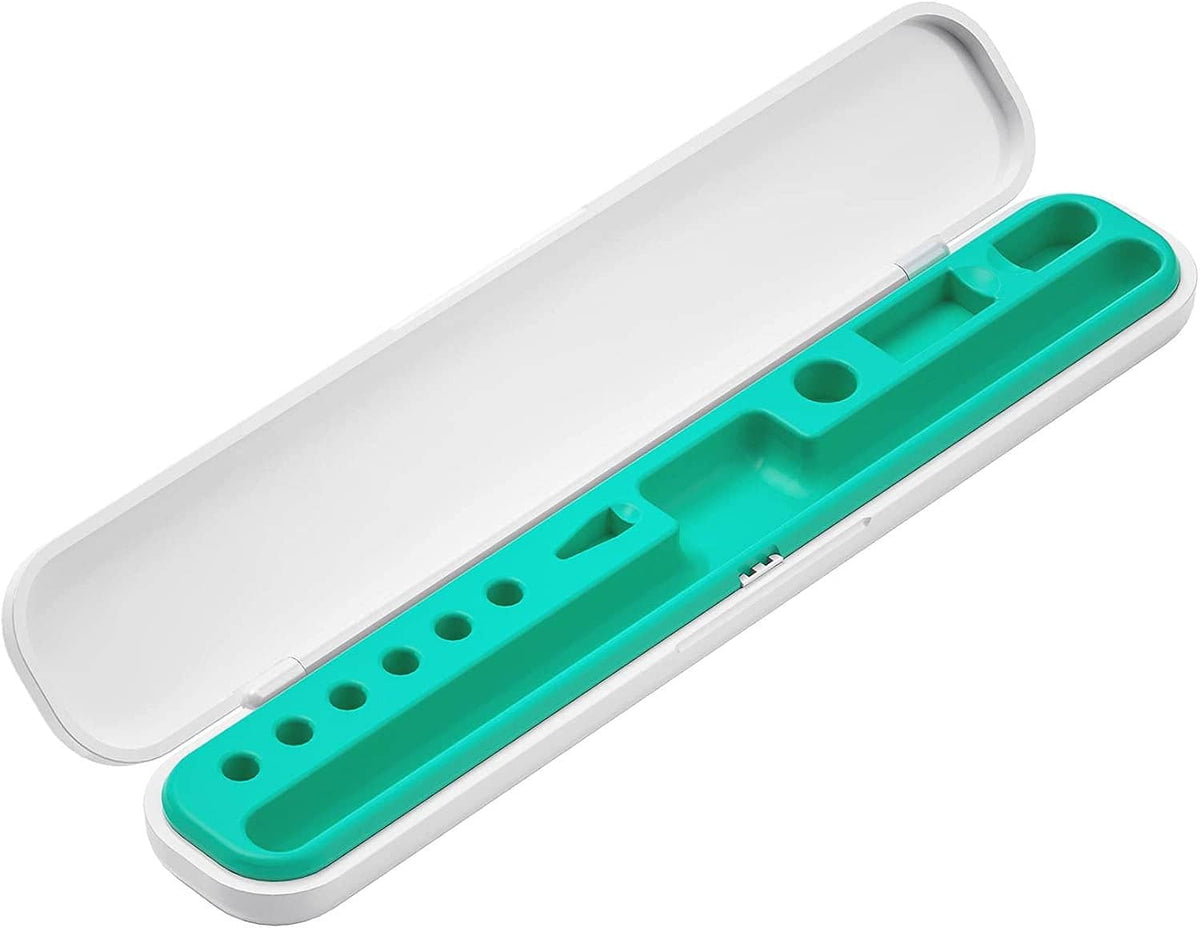 Teal and white stylus case interior with empty tip holes along the base