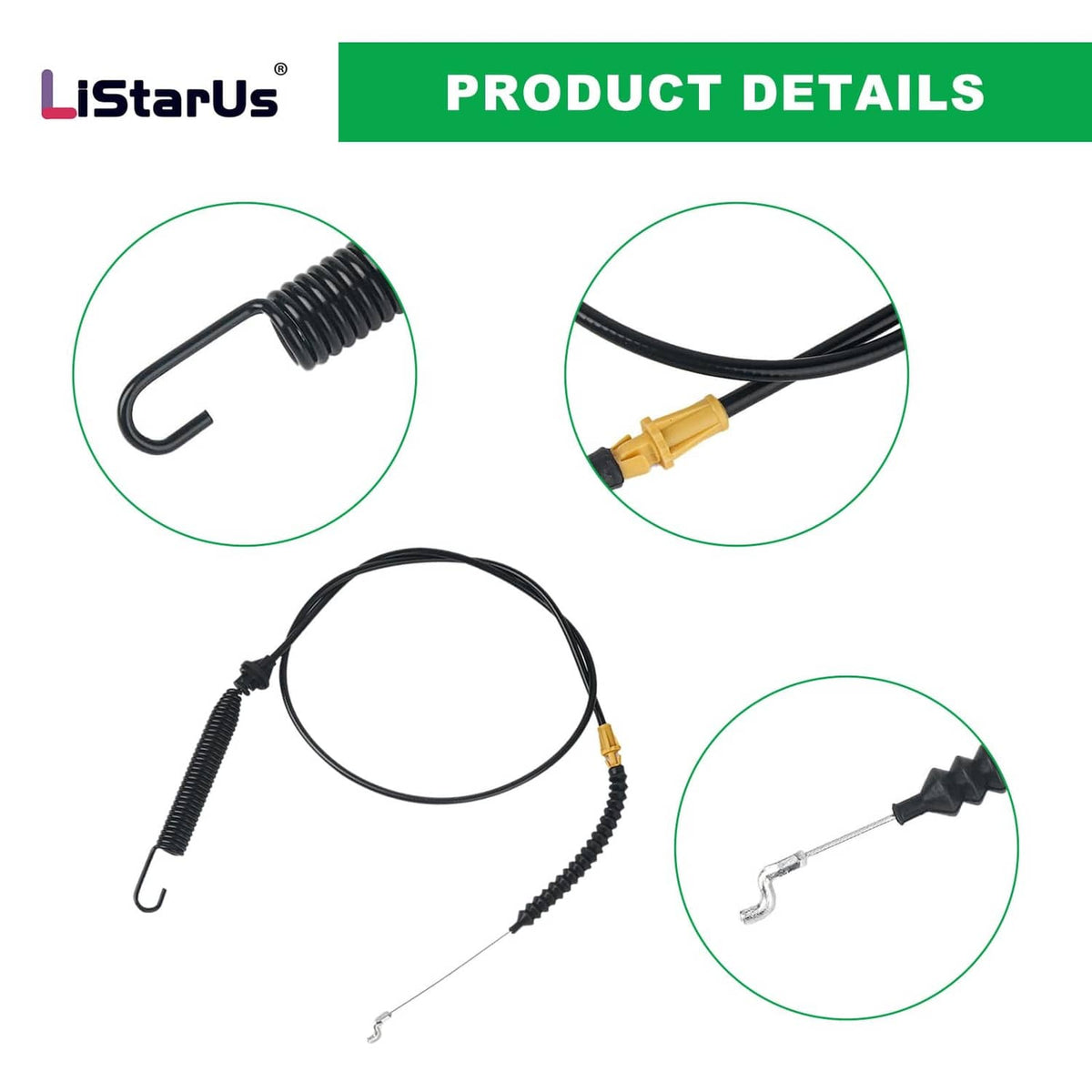Black cable assembly with yellow plug, spring, and two metal attachment hooks