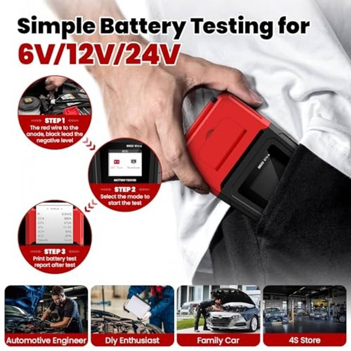 Handheld car battery tester held in hand with red cover and black LCD display
