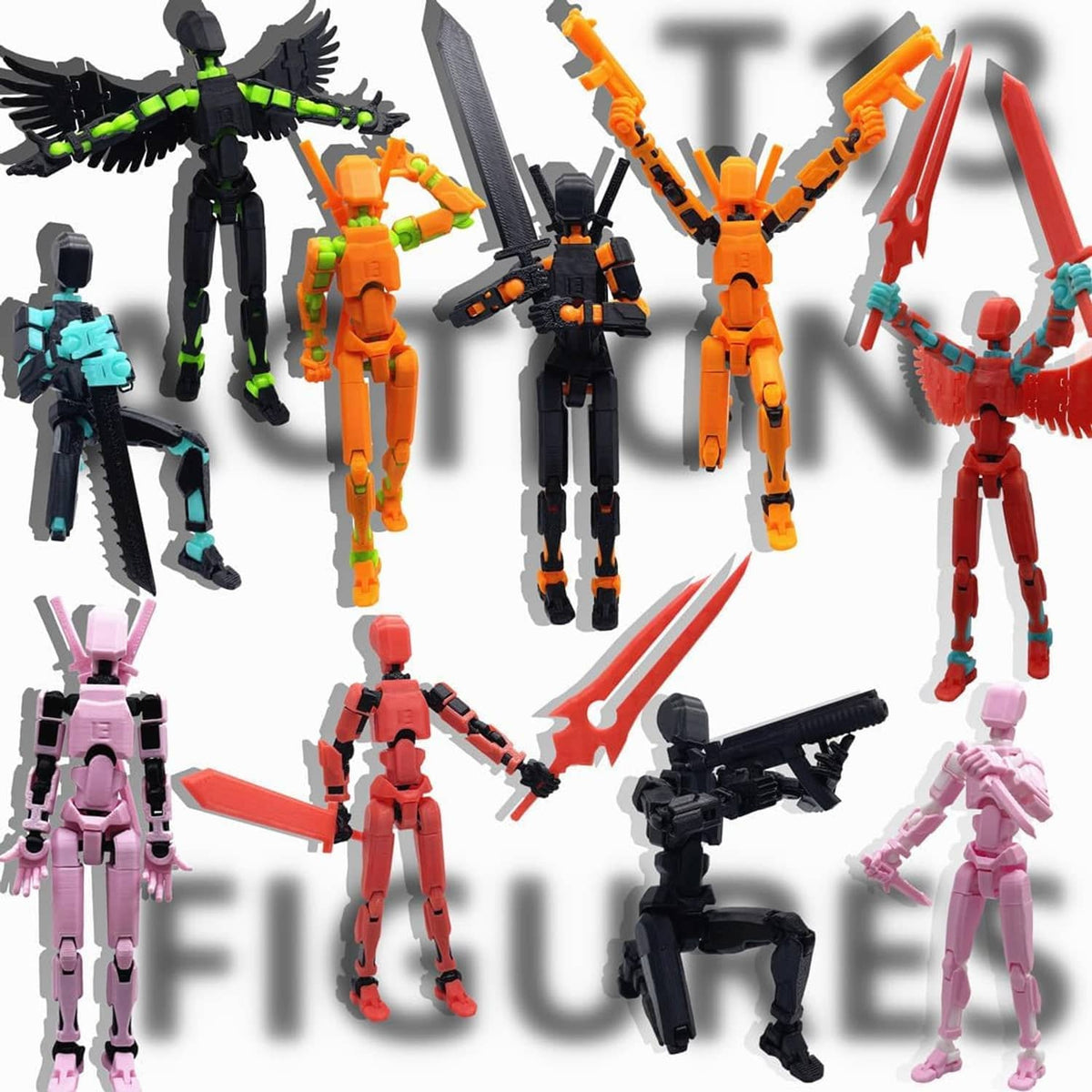 Multi-color robot action figure set with wings and sword accessories