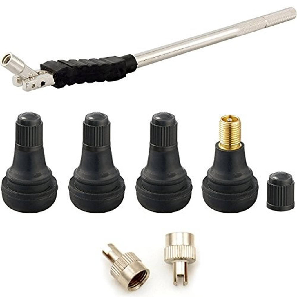 Valve stem tool kit: long metal installer/remover with black rubber valve stems and caps