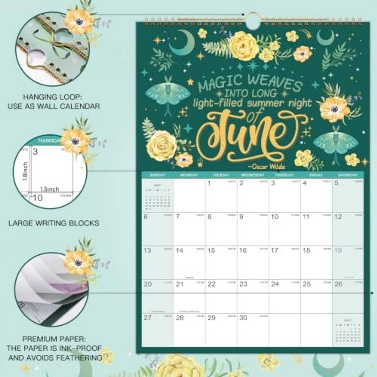 July 2027 wall calendar with dark green cover, floral accents, and large writing blocks
