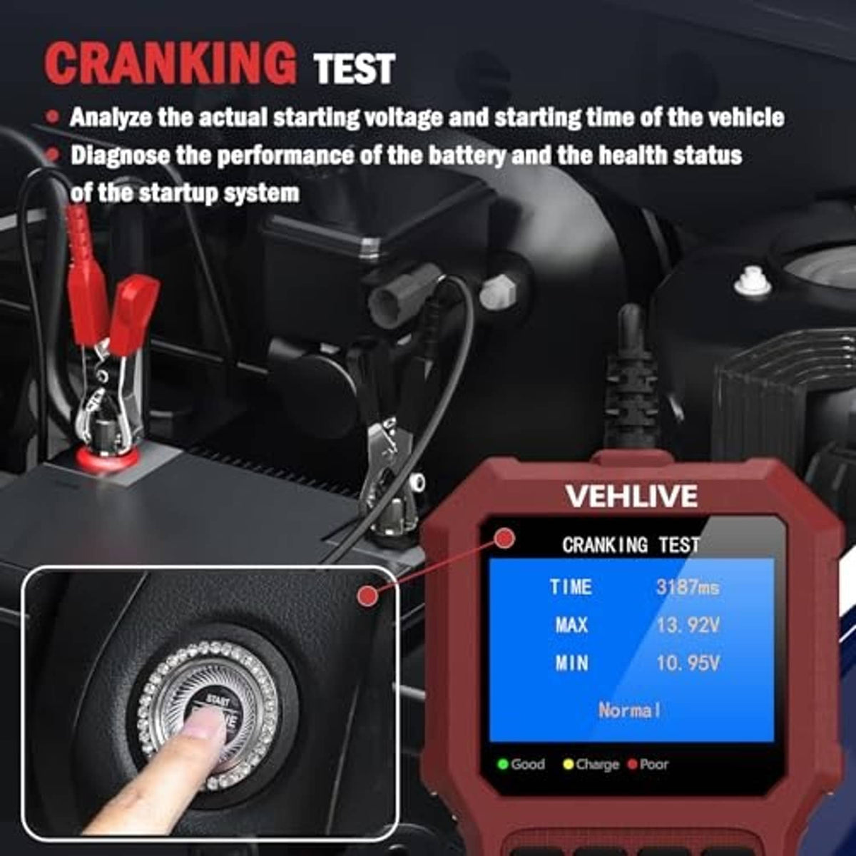 Red car battery tester showing cranking test screen with clamp probe and controls