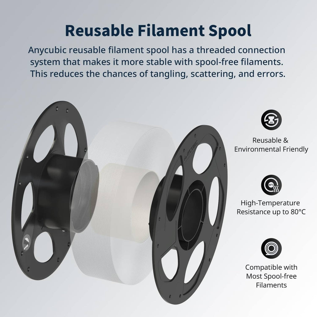 Reusable-style spool with grey PLA filament, threaded connector design shown