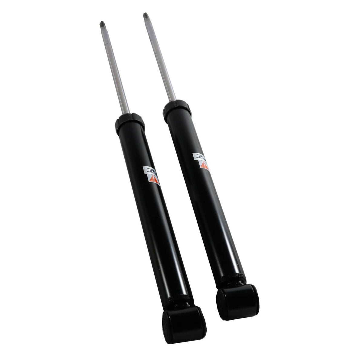 Pair of black coilover shocks with silver rods and rounded end caps