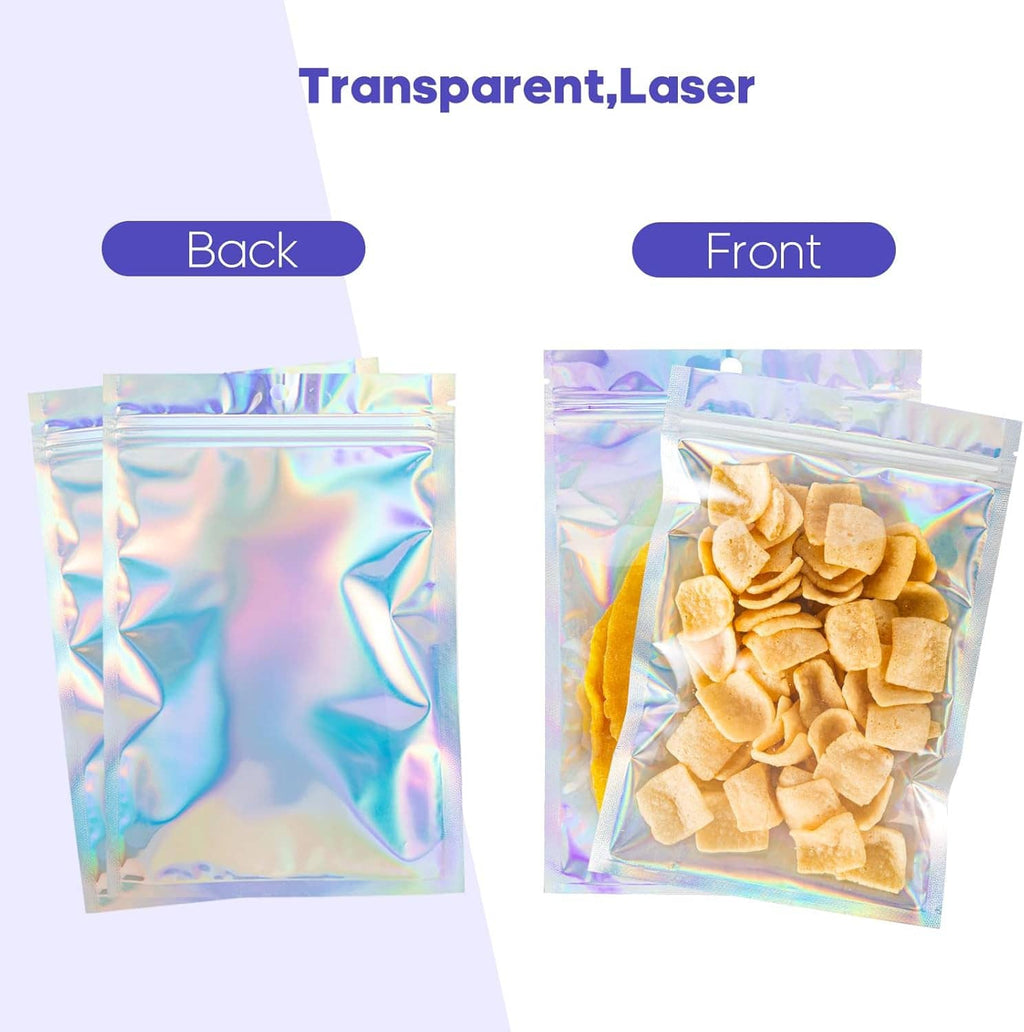 Holographic resealable foil pouch bags with transparent laser finish