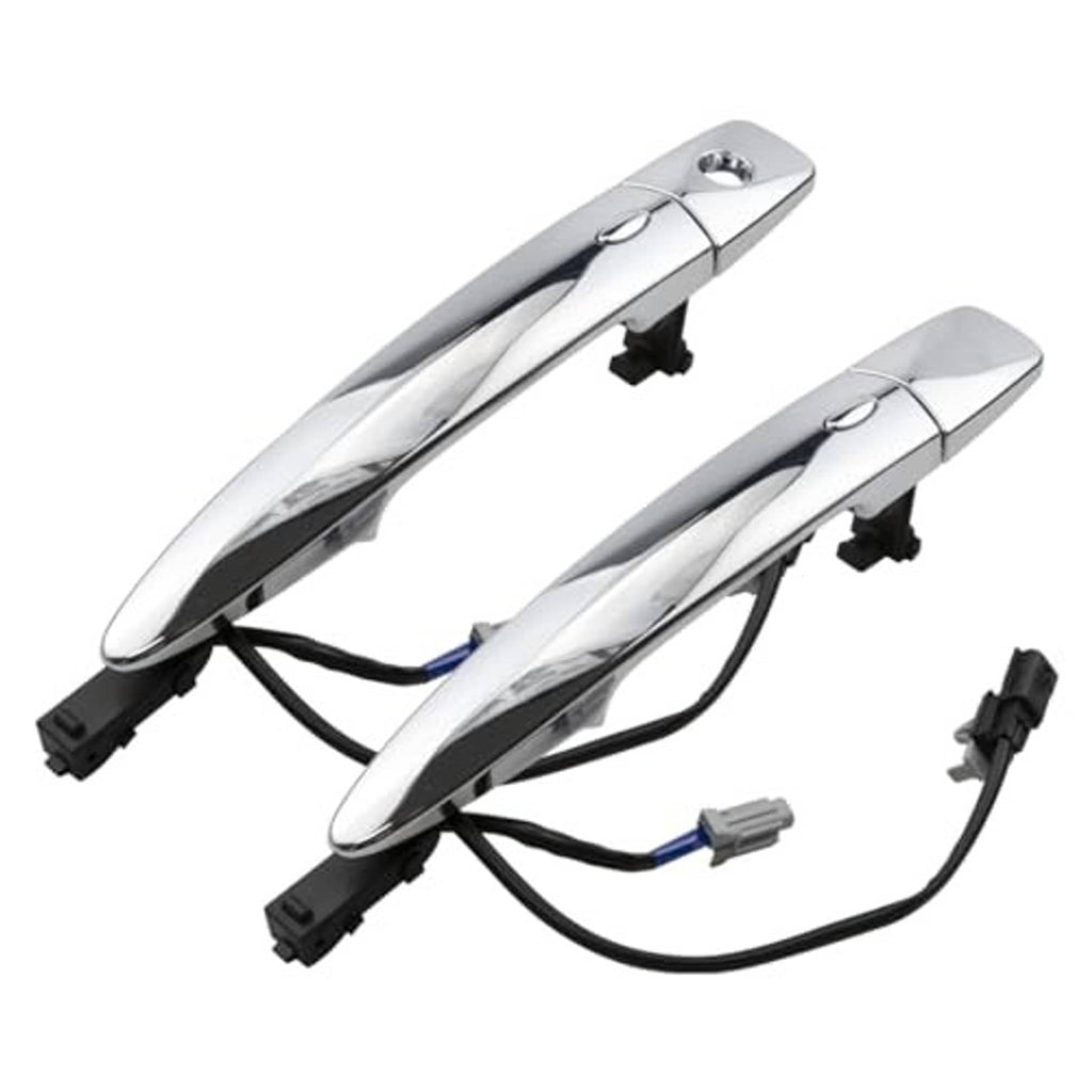 Pair of chrome exterior door handles with black mounting clips and wiring pigtails
