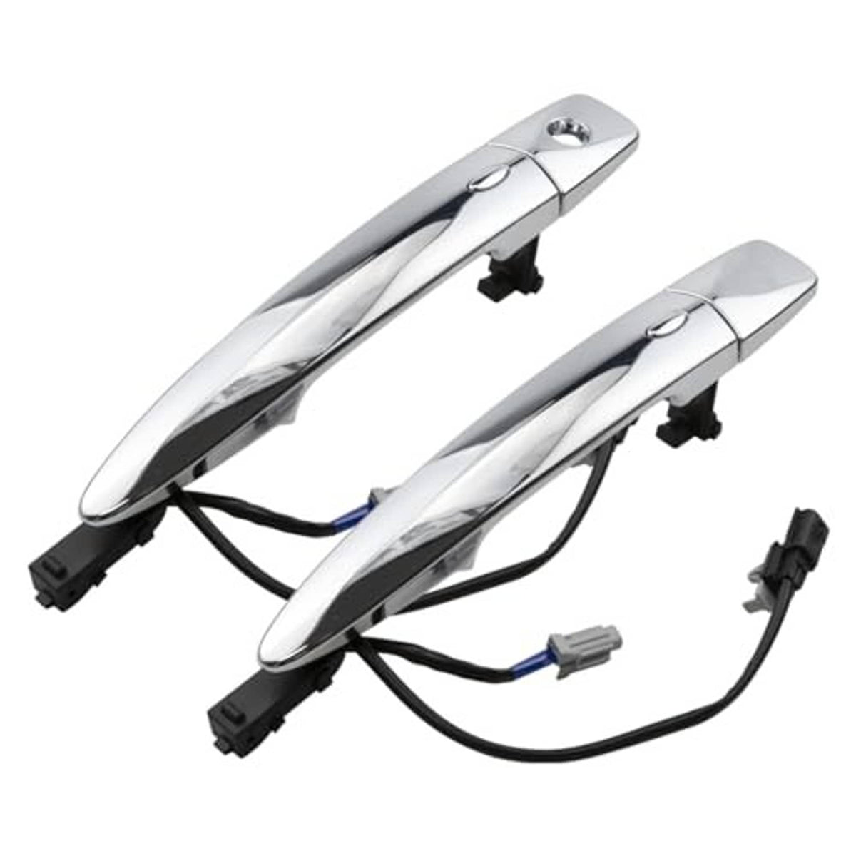 Pair of chrome exterior door handles with black mounting clips and wiring pigtails