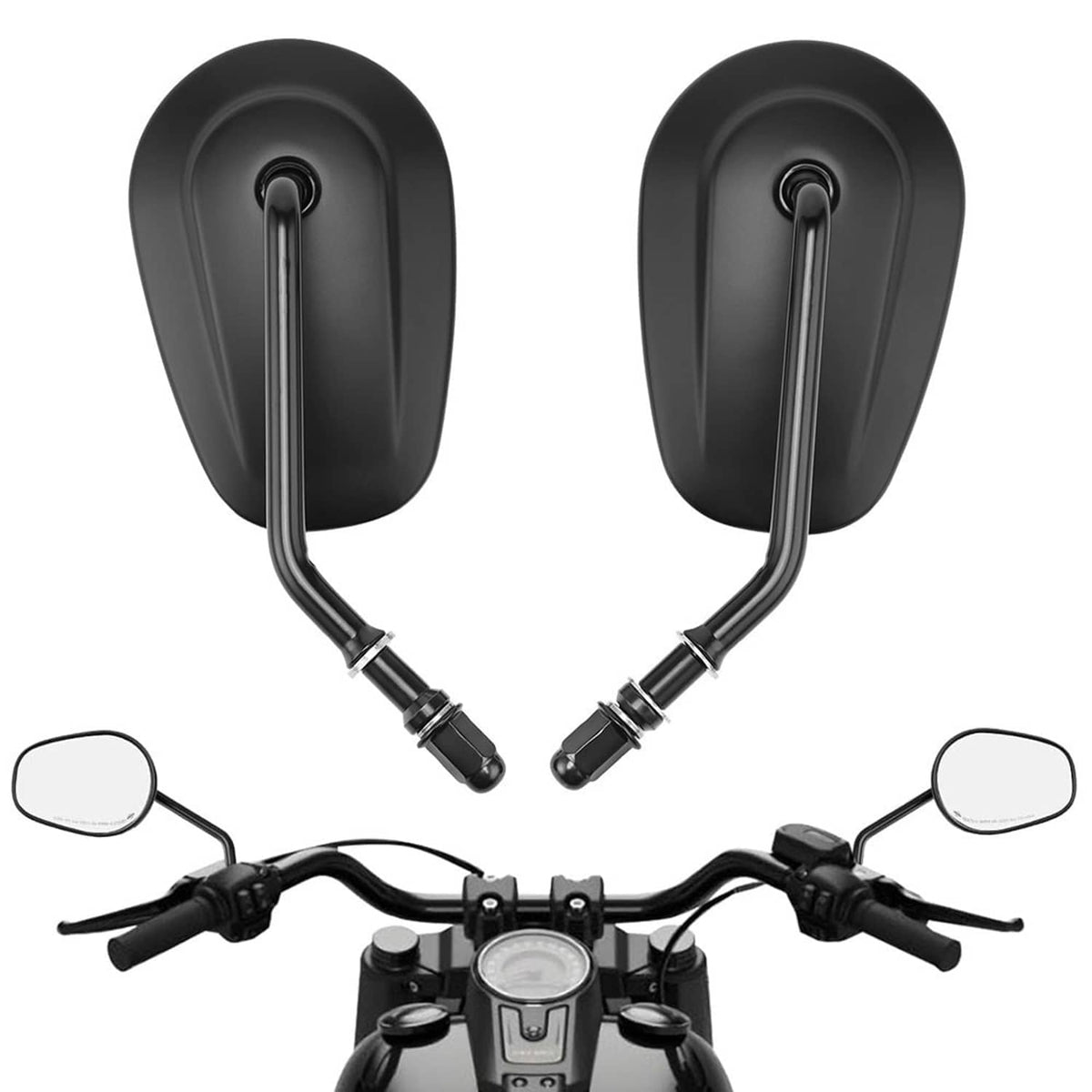 Pair of matte black oval rearview mirrors with U-shaped stems and clamp bases