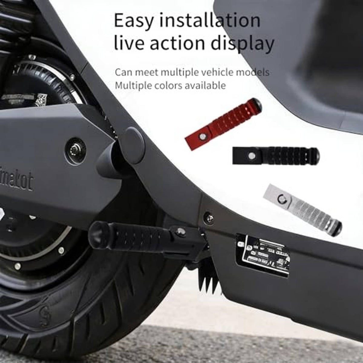 Silver folding foot peg shown installed on vehicle with easy installation lever