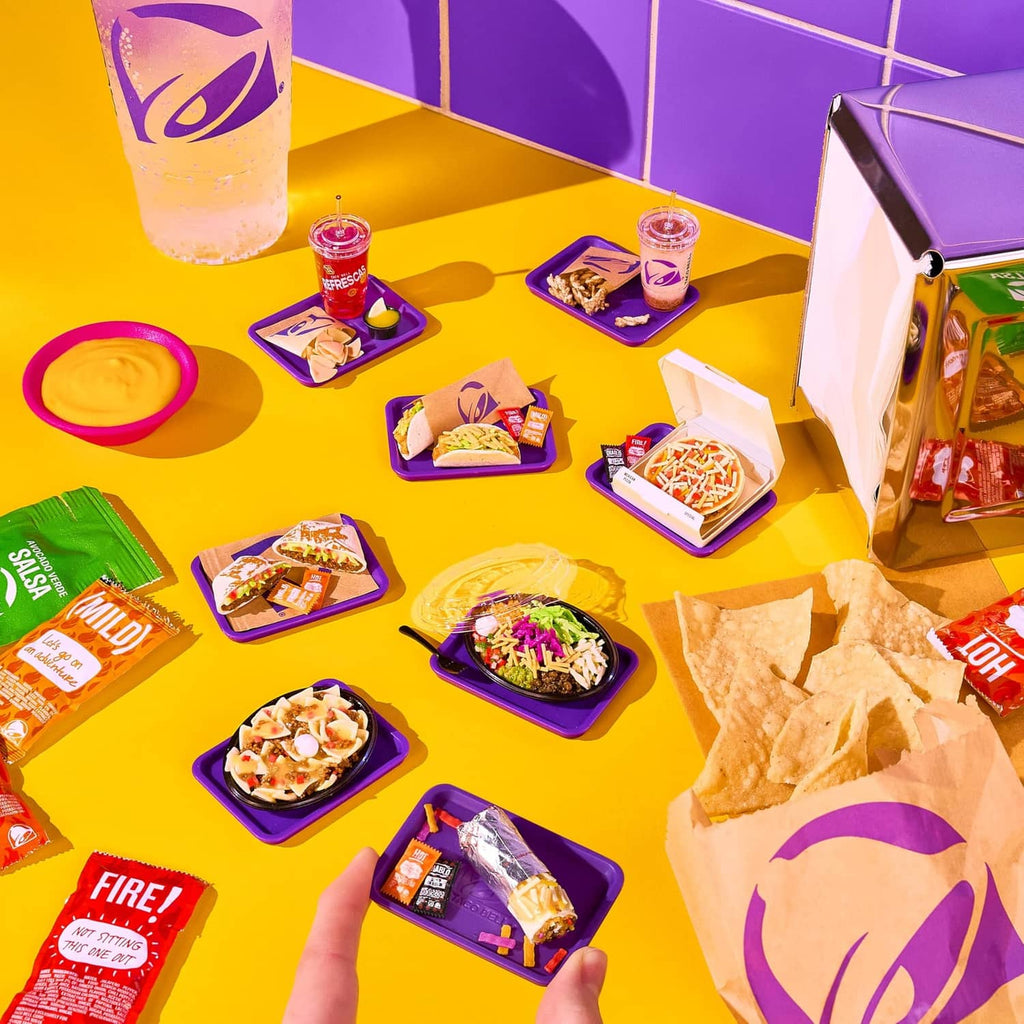 Mini Taco Bell mini food set with taco meals in purple trays and condiment bottles