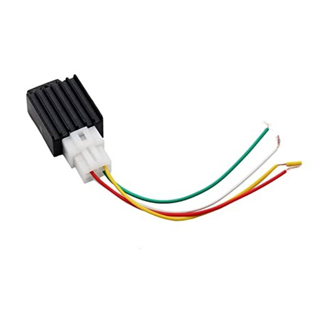 Black 4-pin voltage rectifier regulator module with white connector and colored wire harness