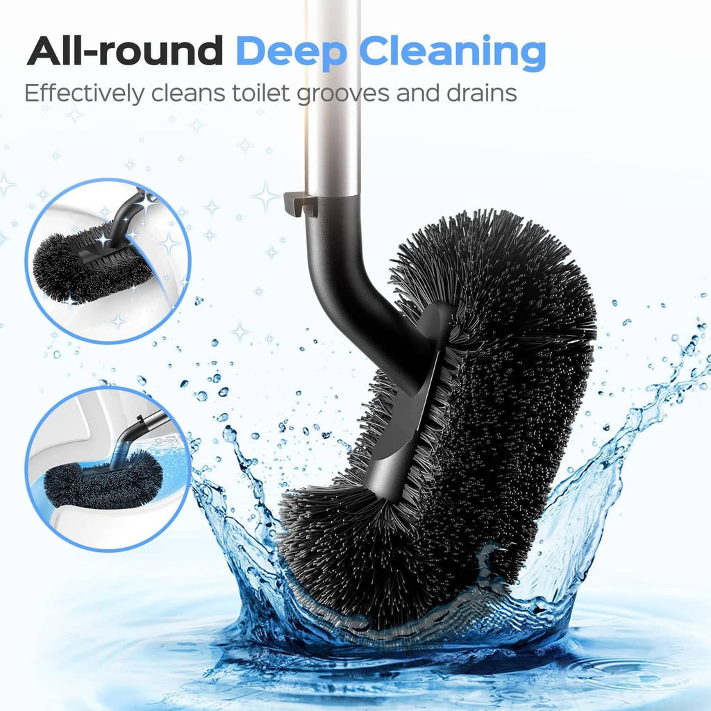 Toilet brush with dense black bristles and curved black handle