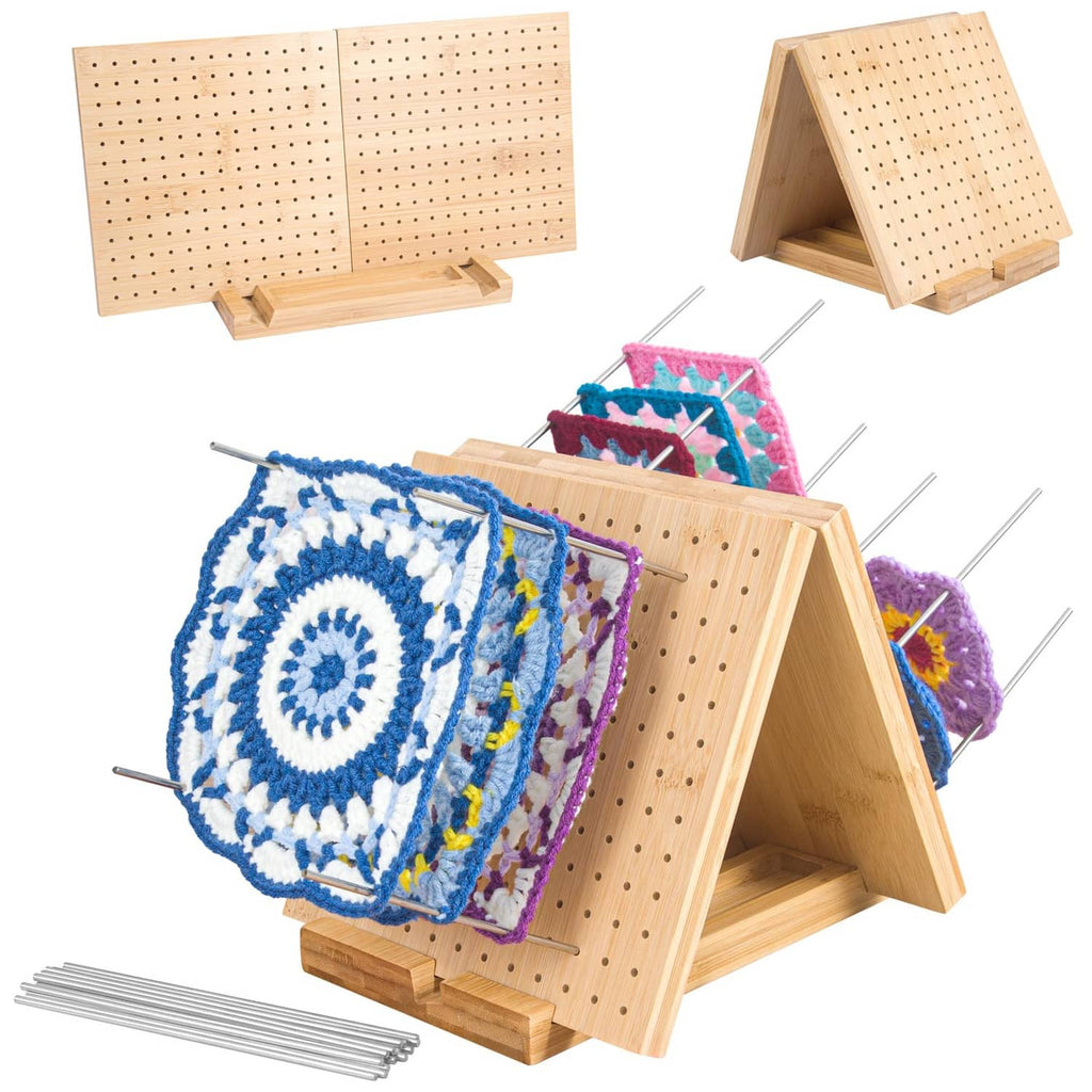 Crochet blocking board with peg pins, yellow wood frame