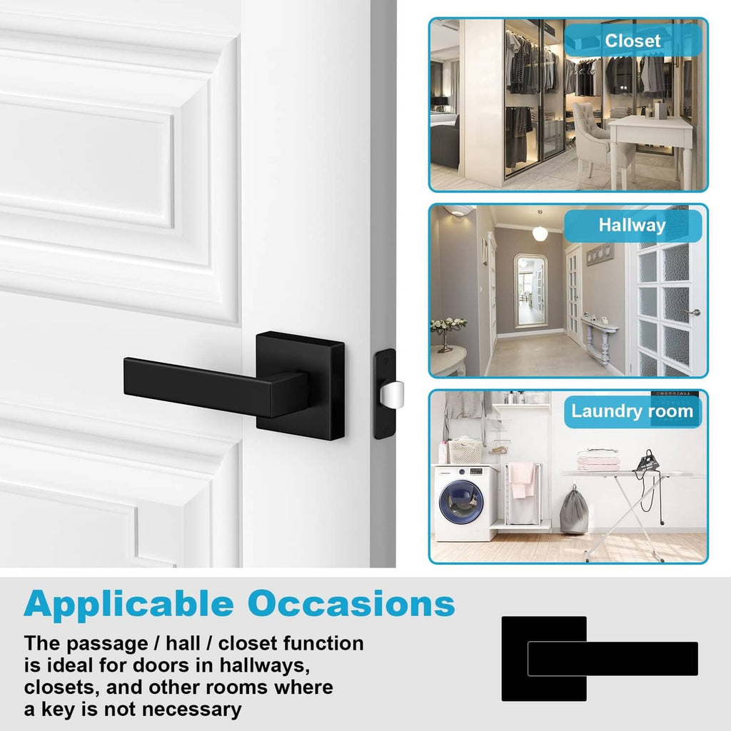 Matte black passage door lever shown on an interior door, 2-pack