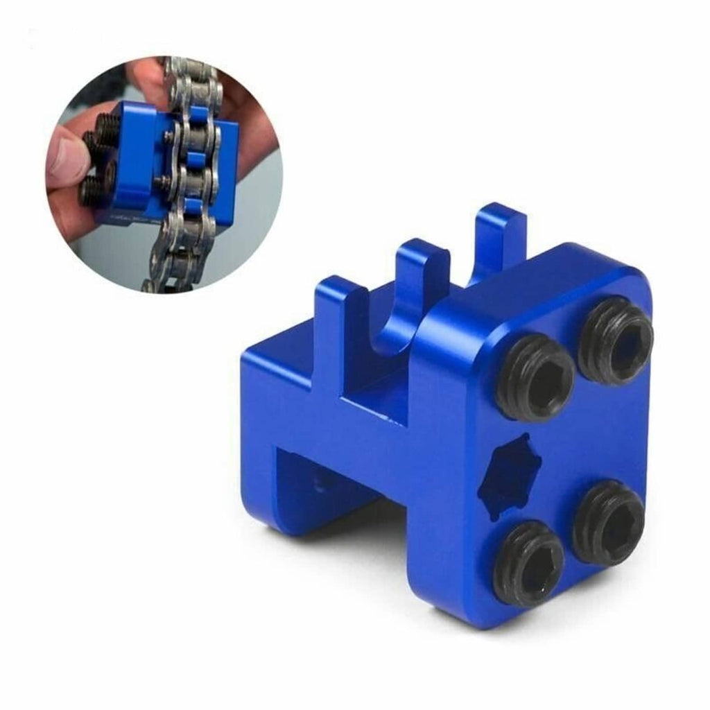 Blue master link chain press tool with four black dies and U-shaped frame