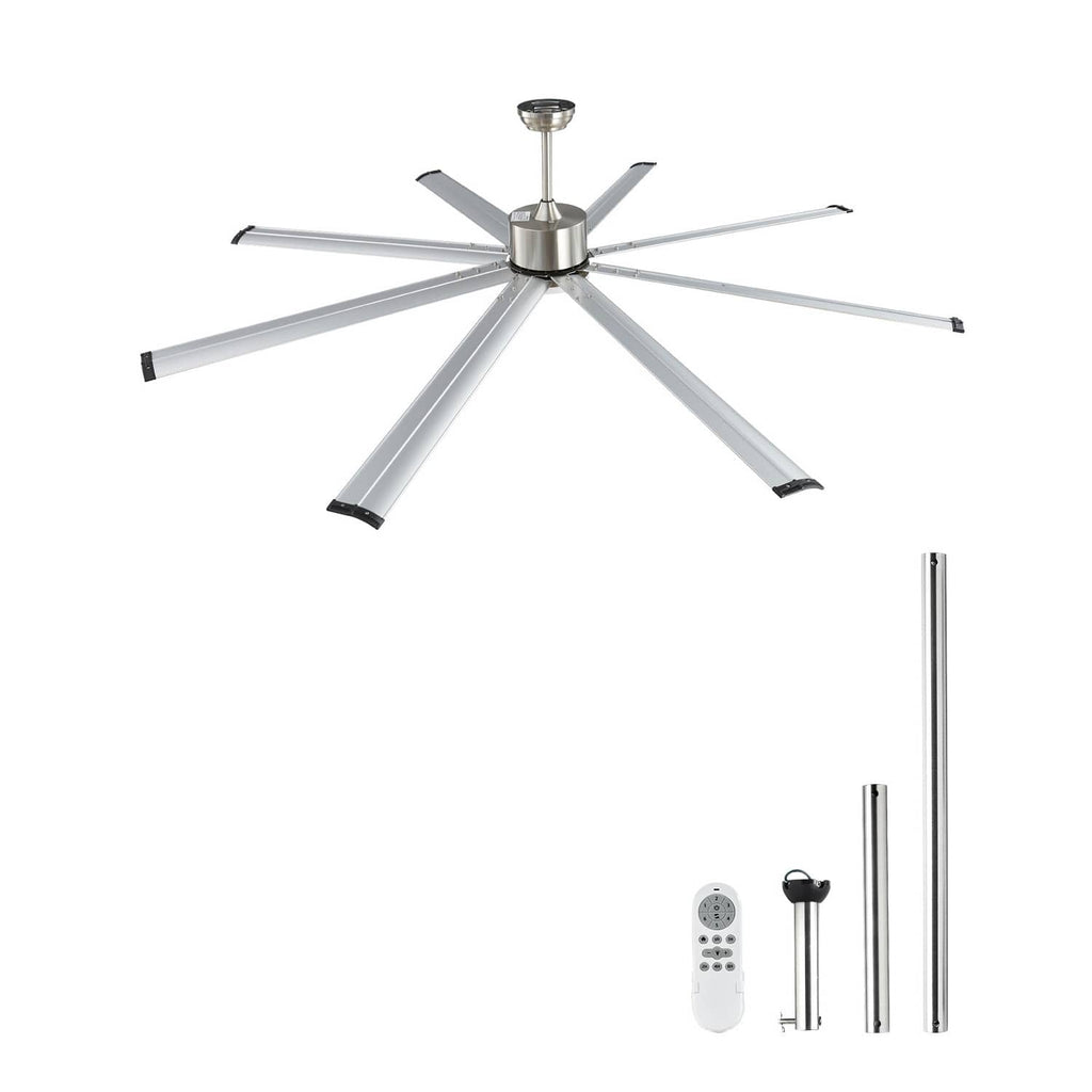 Brushed nickel reversible ceiling fan with light, 8 white blades and slim remote parts