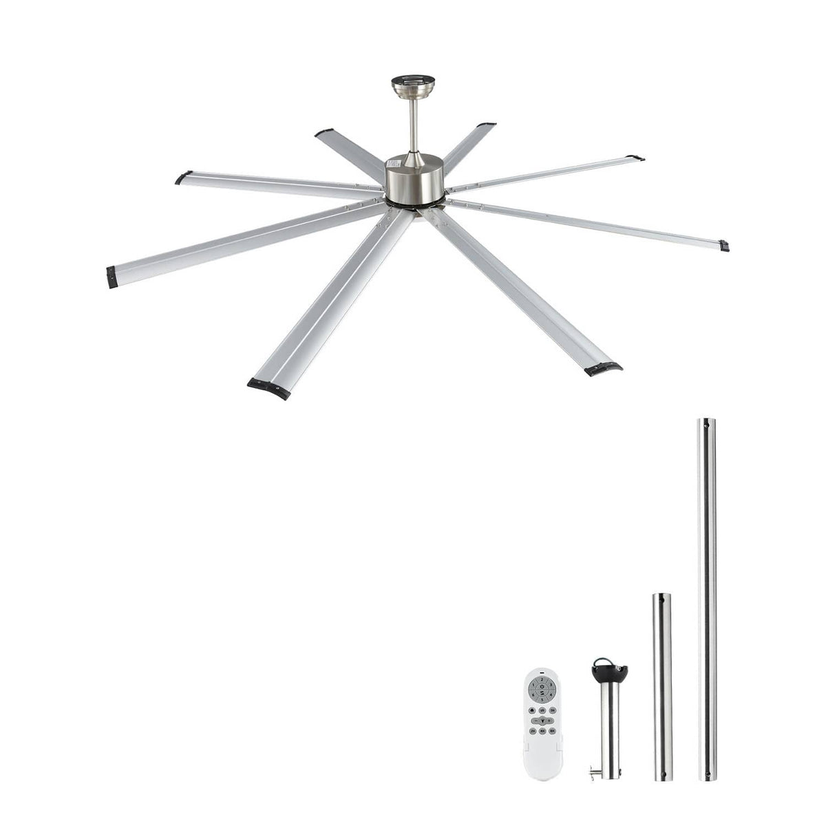 Brushed nickel reversible ceiling fan with light, 8 white blades and slim remote parts