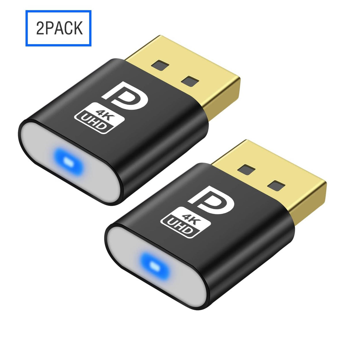 DisplayPort ghost emulator two-pack, black adapters with gold DisplayPort plugs and blue LEDs