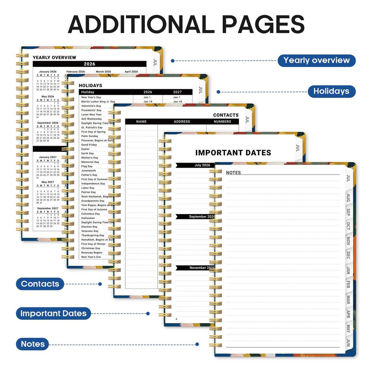 2026–2027 planner additional pages with yearly overview, holidays, contacts, and notes