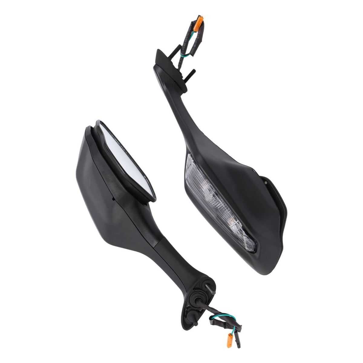Black LED turn signal side mirrors with mounting base and electrical connectors visible