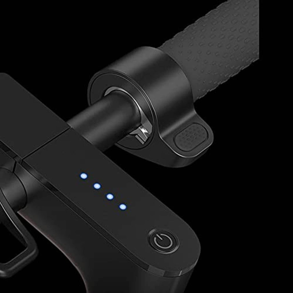 Black thumb throttle control on handlebar with textured grip and small side button