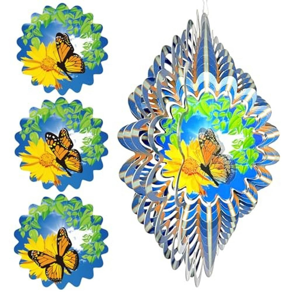 Butterfly-shaped wind spinner set showing front and side views of blue spiral vanes
