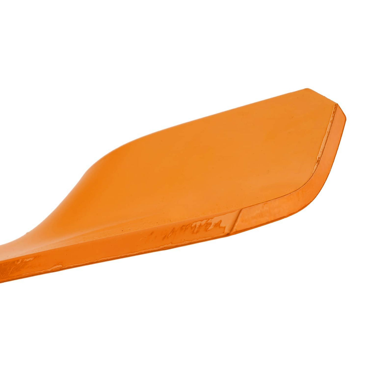 Mower deck blade edge view, orange coated metal with smooth curved end