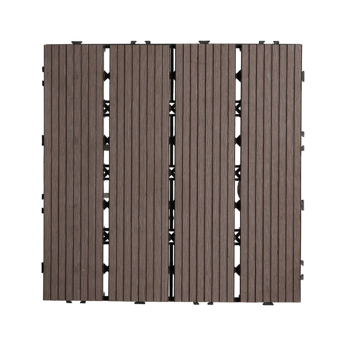 Dark brown interlocking deck tile edge with snap connectors and ribbed surface