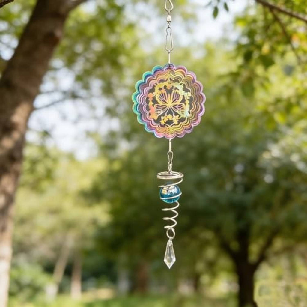 Garden hanging mandala wind spinner with rainbow disc, blue bead, spiral metal, crystal