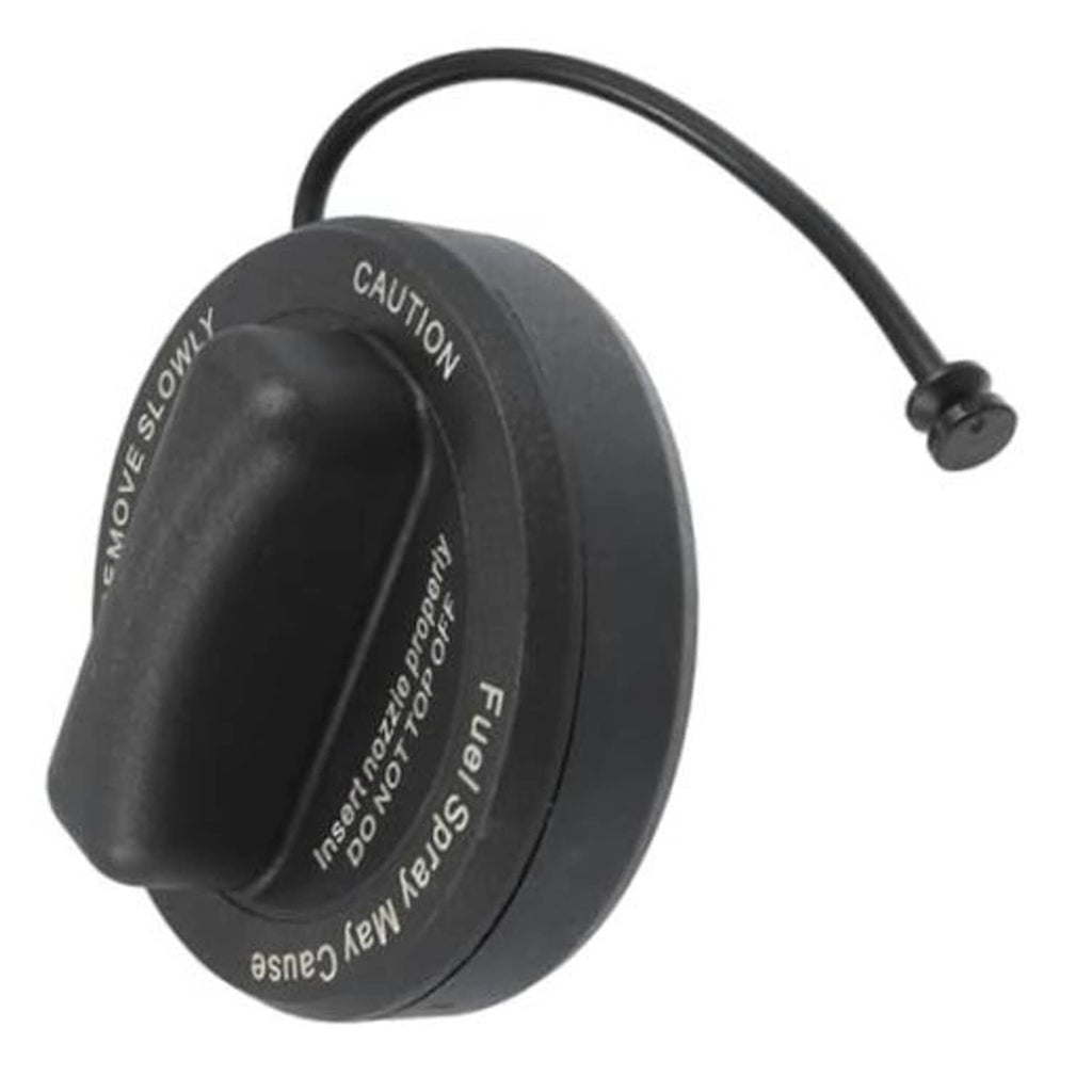 Black fuel tank gas cap with tether strap, circular top view