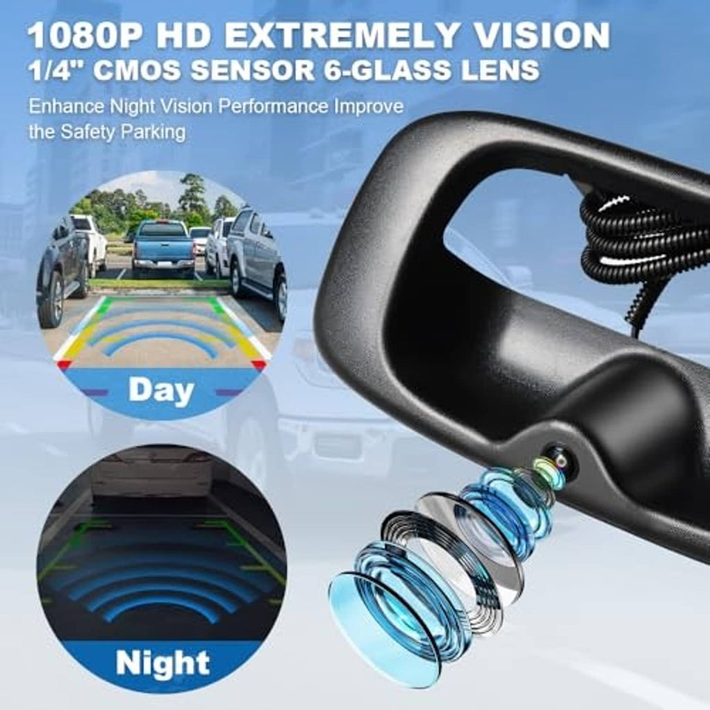 Tailgate handle backup camera with night-vision sensor housing and coiled cable