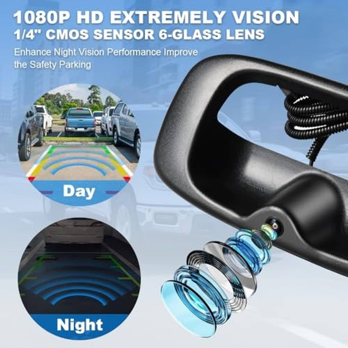 Tailgate handle backup camera with night-vision sensor housing and coiled cable