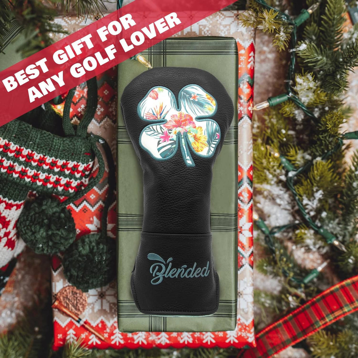 Black driver golf club head cover with four-leaf clover floral embroidery, gift-ready box
