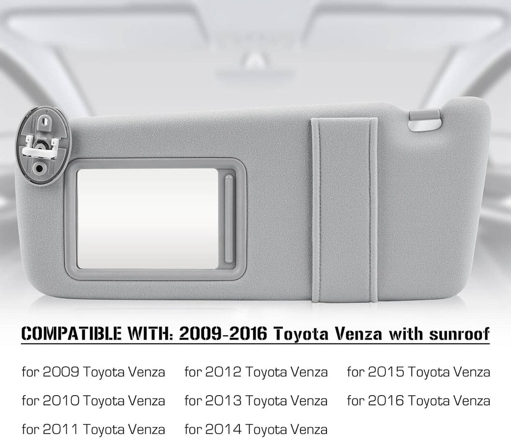 Gray left sun visor with mirror opening and warning labels on back side