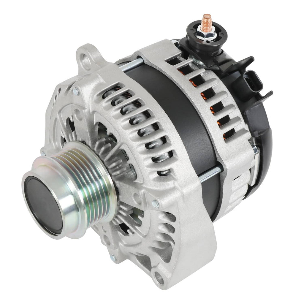 New alternator with silver housing, front pulley, and black electrical connector