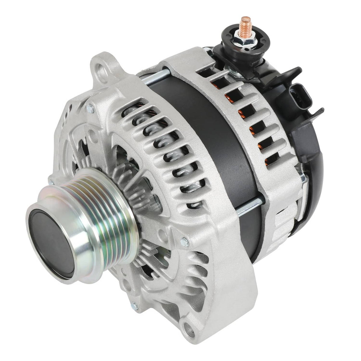 New alternator with silver housing, front pulley, and black electrical connector