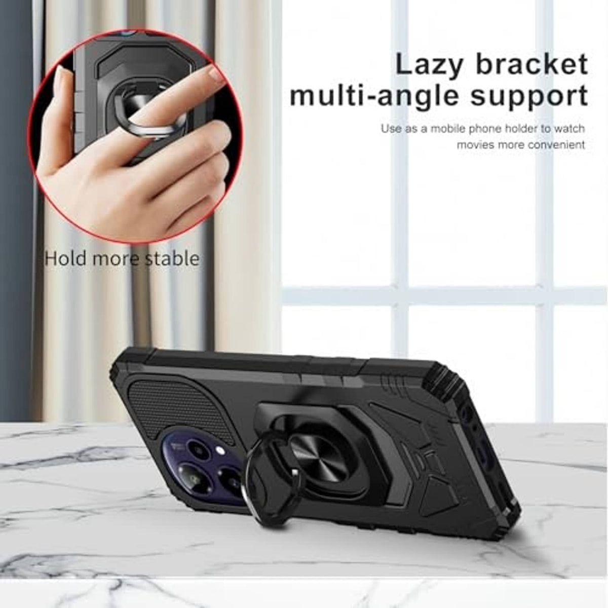 Rugged black phone case with ring stand for multi-angle viewing and stable grip