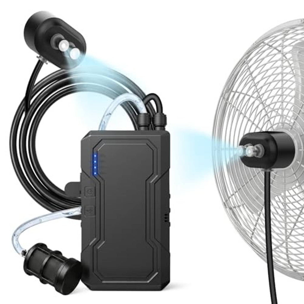 Outdoor portable misting pump with connected mist nozzles and standing fan