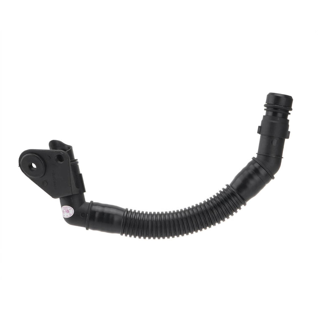 Black PCV valve oil separator with curved ribbed hose and connector ends.