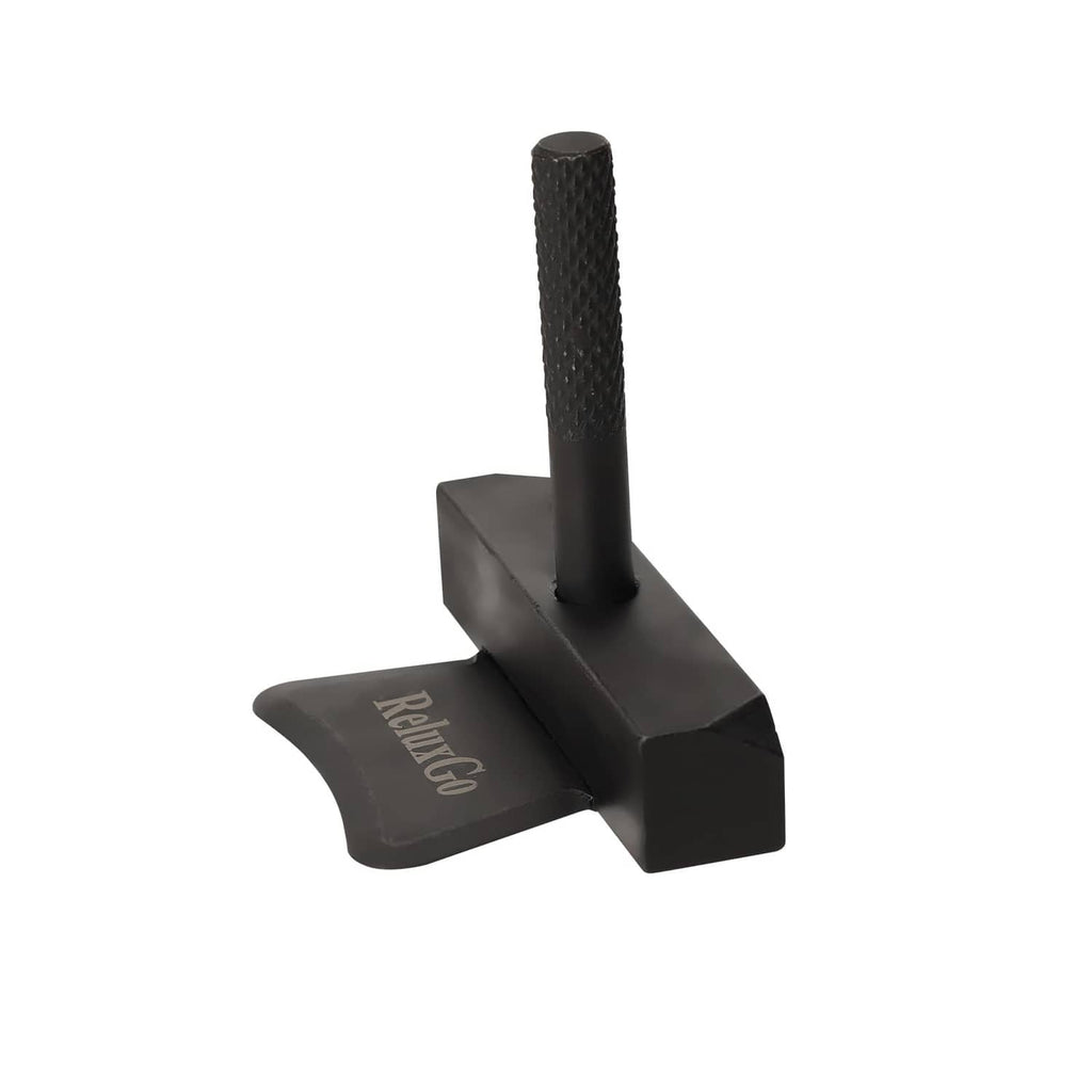 Black oil pan separator tool with upright textured handle and wide flat base