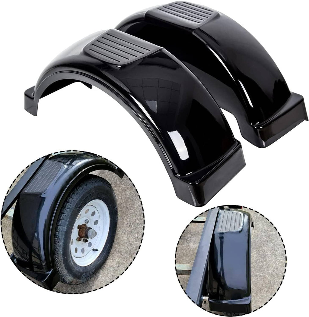 Set of two glossy black trailer fender flares with raised step-style tops